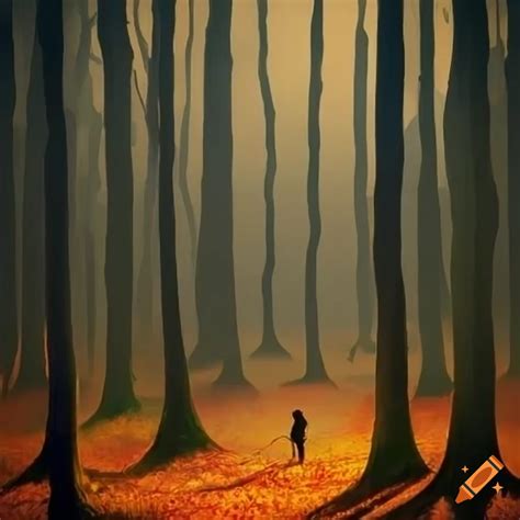 Eerie artwork of a forest in autumn