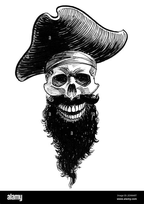 Scary pirate bearded skull. Ink black and white drawing Stock Photo - Alamy