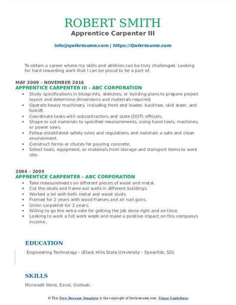 Apprentice Carpenter Resume Samples | QwikResume