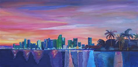 Miami Skyline Silhouette At Sunset In Florida Painting by M Bleichner