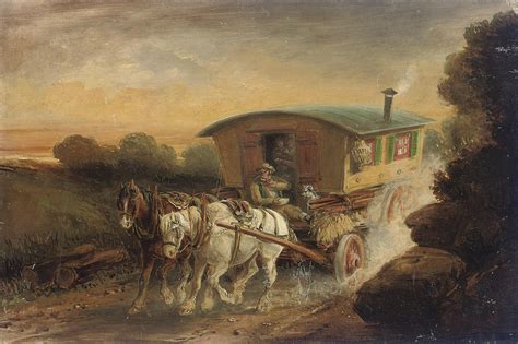 Attributed to Charles Cooper Henderson (1803-1877) | A horse-drawn gypsy caravan on a track ...