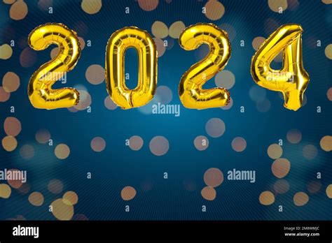 New Year 2024 celebration. Golden Yellow foil color balloons. 2024 balloons. On Blue background ...