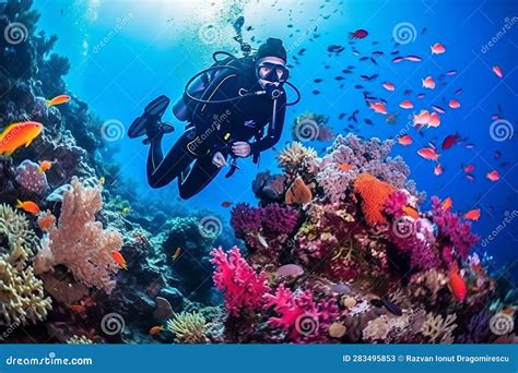 Scuba Diving Man Exploring a Breathtaking Coral Reef Teeming with ...