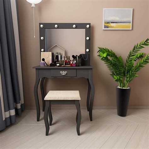 Mecor Vanity Table with Lighted Mirror,Makeup Table with Drawer Wood ...