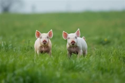 Premium Photo | Two pigs on a green meadow on a farm generative ai