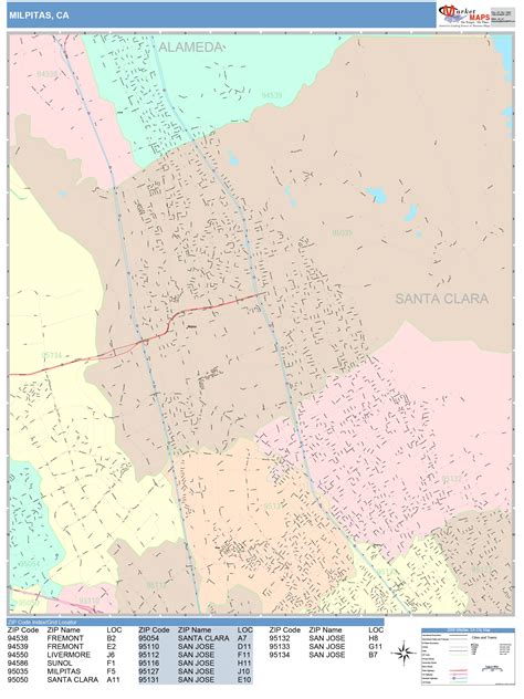 Milpitas California Wall Map (Color Cast Style) by MarketMAPS