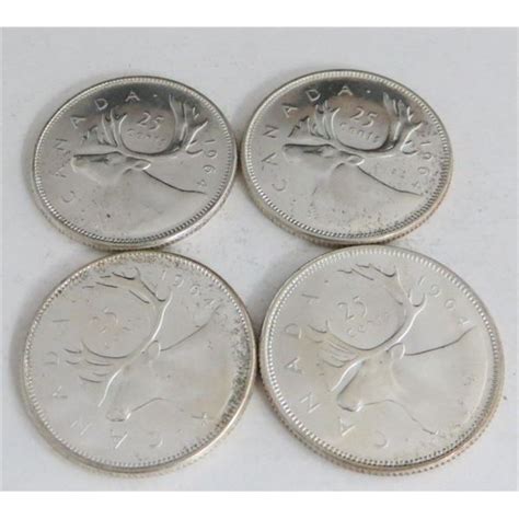 4 Canadian Silver Quarters 1964