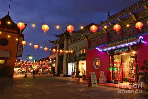 Los Angeles Chinatown Plaza With Lit Lanterns And Neon Lights. Photograph by Jamie Pham