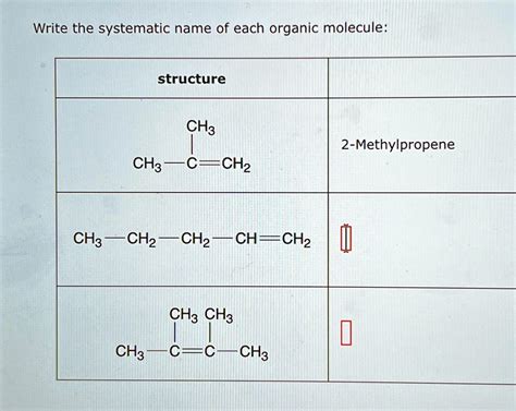 Write the systematic name of each organic molecule: structure CH3 2 ...