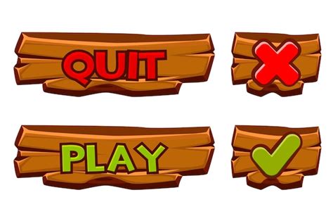 Premium Vector | Set of wooden buttons play and quit. isolated icons check mark and cross for ...