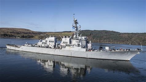 Flight II Arleigh Burke guided missile destroyer USS Porter (DDG 78) departs Faslane, Scotland ...