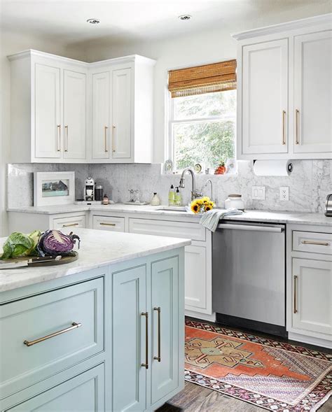 White Kitchen with Island Painted in Benjamin Moore "Heavenly Blue" | Painting kitchen cabinets ...