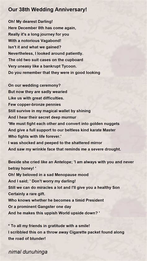 Our 38th Wedding Anniversary! - Our 38th Wedding Anniversary! Poem by nimal dunuhinga