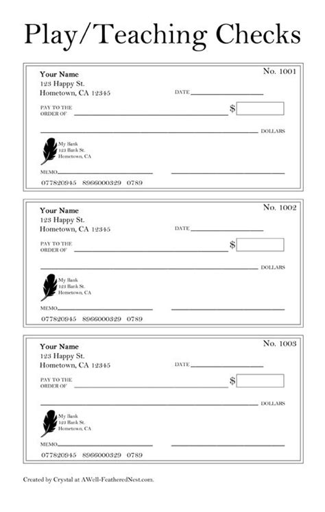 printable checks for play or teaching check-writing skills | printables | Pinterest | Plays, The ...