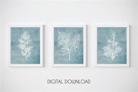 Set of 3 Prints Botanical, Light Blue Wall Art, Plant Print