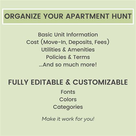 Apartment Comparison Spreadsheet Housing Search Planner Apartment Hunt ...