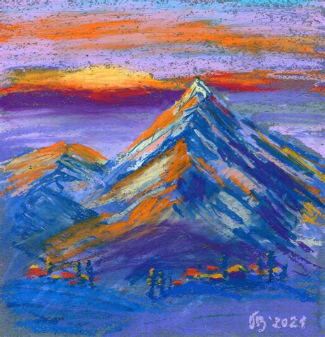 Mountain Painting Oil Pastel Landscape Art Sunset Mountains - Etsy