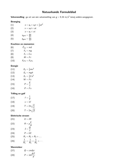 Natuurkunde Formules (beweging, energie...) - Docsity