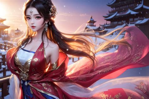 women, Asian, looking at viewer, AI art, dress, sunset glow, snow | 1392x928 Wallpaper ...