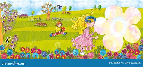 Spring in the Park Girl with Big Flower Stock Illustration - Illustration of flowers, house ...