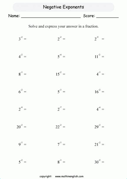 Negative Exponents With Variables Worksheet