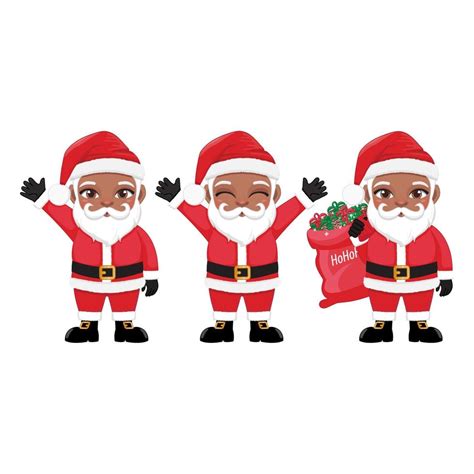 Set of Black Santa Claus Vector isolated on white background. Cute Afro Santa Cartoon Character ...