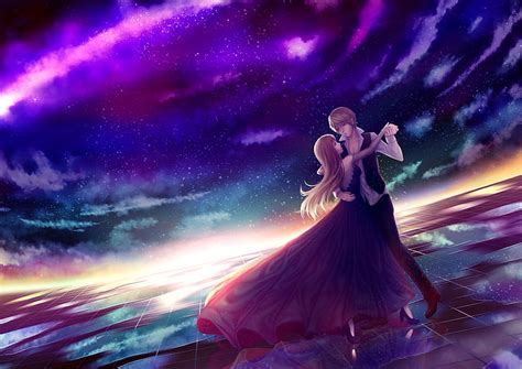 HD wallpaper: anime couple, dancing, stars, sky, romance, dress, night ...