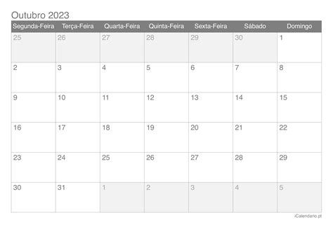 Calendário outubro de 2023 para imprimir