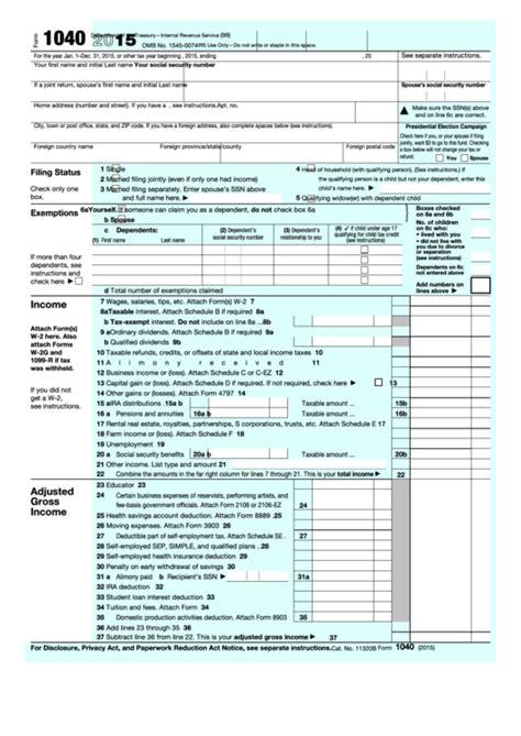 Fillable Form 1040 - U.s. Individual Income Tax Return - 2015 printable pdf download