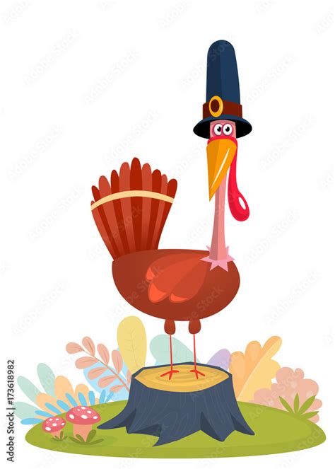 Cartoon illustration of a happy cute turkey wearing a pilgrim hat and ...