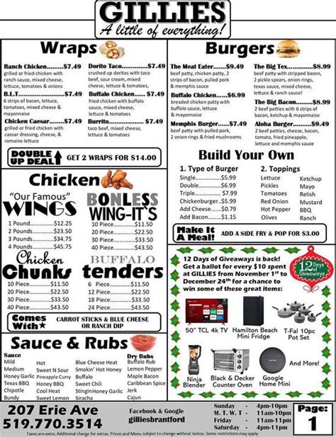 Menu at Gillies pizzeria, Brantford