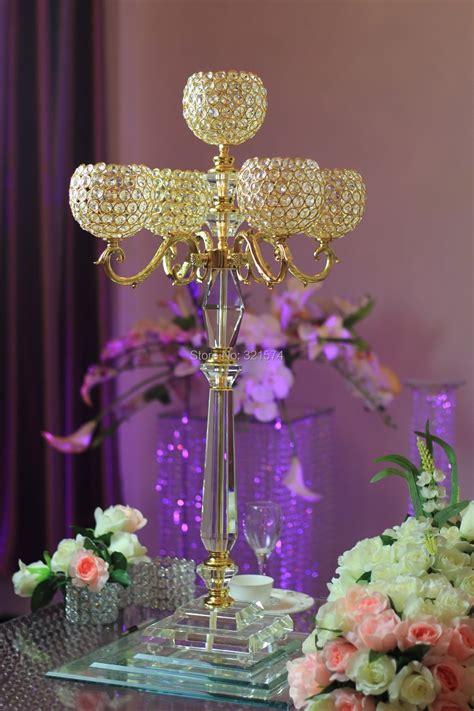 Wedding crystal globe centerpieces 5arm 47.24inch tall metal gold crystal candelabras candle ...