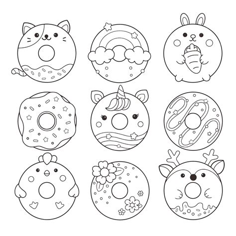 Premium Vector | Cute donuts character coloring page