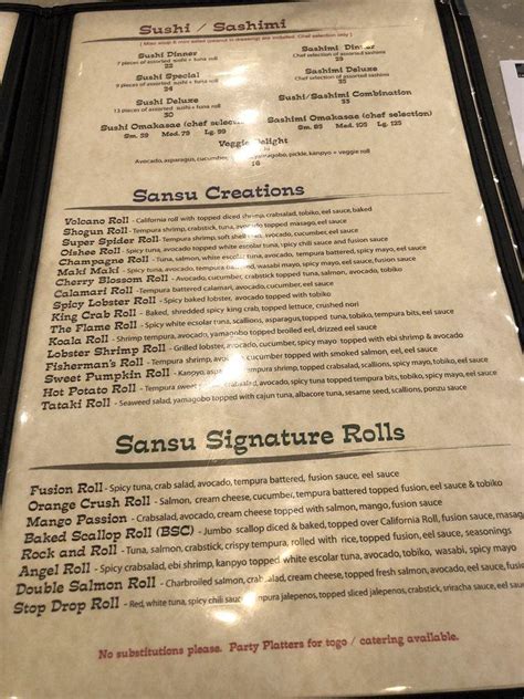 Menu at Sansu Sushi and Cocktails restaurant, East Lansing