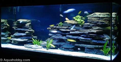 cichlid tank landscape using aquarium safe silicon and flat slate rocks ...