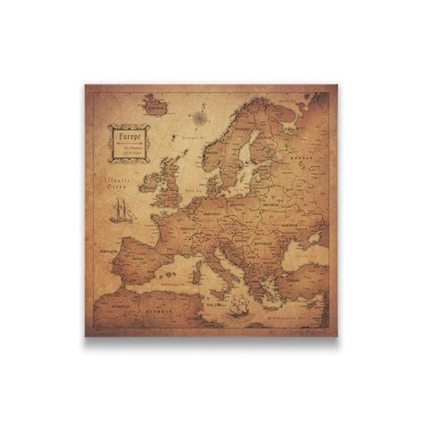 Europe Travel Map Pin Board with Push Pins: Golden Aged