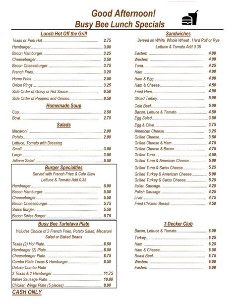 Menu at Busy Bee restaurant, Rochester