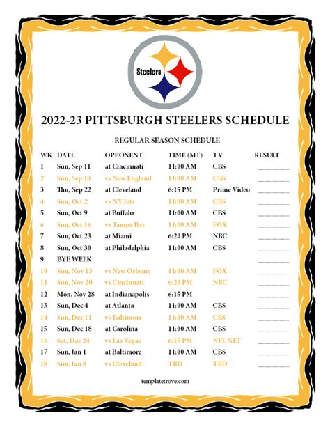 Printable 2022-2023 Pittsburgh Steelers Schedule