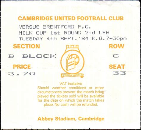 Cambridge U v Brentford – ticket – 1984-1985 – Brentford FC Memorabilia