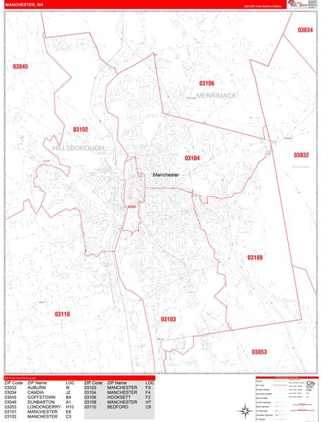 Manchester New Hampshire Zip Code Wall Map (Red Line Style) by ...