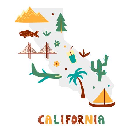 USA map collection. State symbols on gray state silhouette - California 4549070 Vector Art at ...