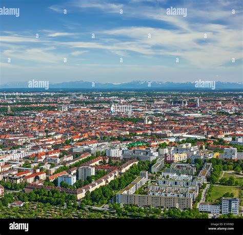 Aerial view of Munich from Olympiaturm (Olympic Tower). Munich, Bavaria ...