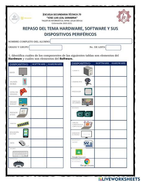 Hardware, software, dispositivos periféricos worksheet | Software ...