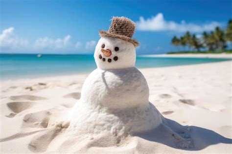 Premium Photo | Snowman made with sand on a tropical beach Christmas ...