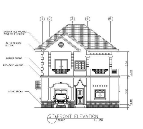 Front Elevation and Section Details of G+1 House | Autocad DWG