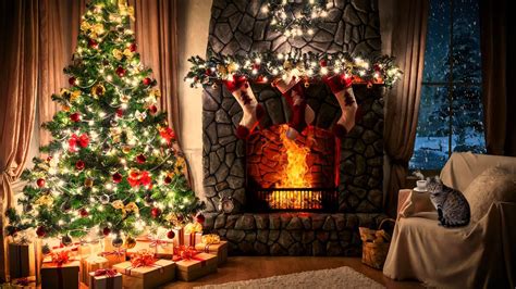 Christmas Ambience - Crackling Fireplace, Blizzard Sounds, Snow Fall ...