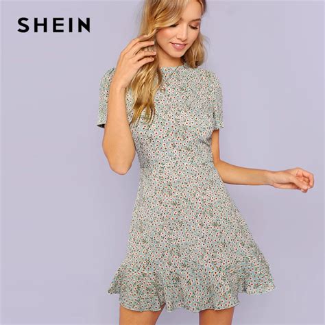 Aliexpress.com : Buy SHEIN Multicolor Allover Floral Print Ruffle Hem Textured Dress Elegant ...