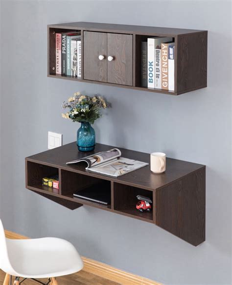 Wall Mounted Office Computer Desk and Floating Hutch Cabinet, Brown - Walmart.com