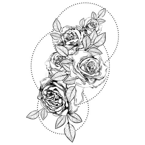 Bouquet of Roses. Botanical Line Art Illustration. Gothic Tattoo Stock Vector - Illustration of ...