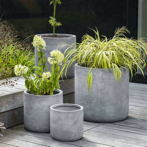 Grey Round Cement Planter, Brockwell Outdoor Frost Proof Garden Plant ...